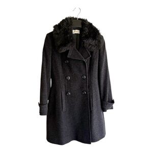 Chic Precis Charcoal Grey Double-Breasted Pea Coat with Faux Fur Trim